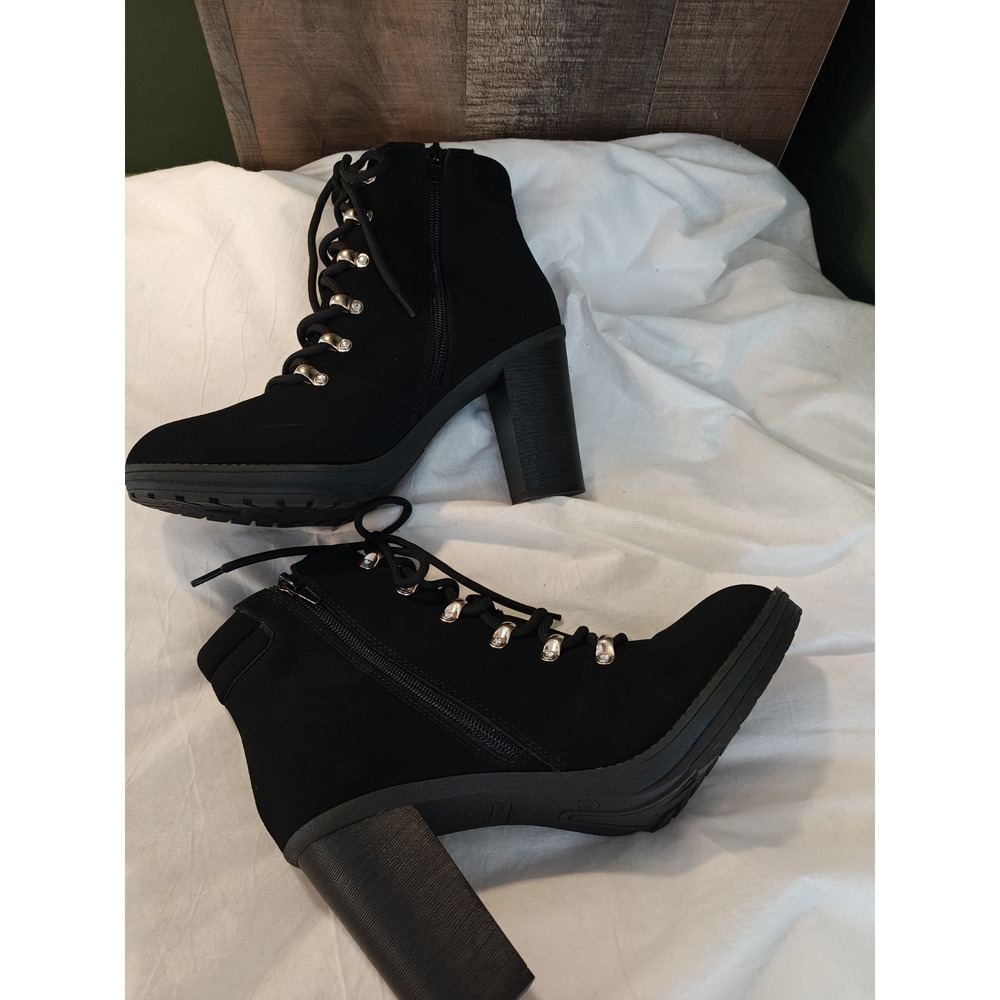 Goth Steampunk Black Faux Suede Y2K Chunky Platform Heels Boots Gold Accents 9.5 - Picture 2 of 6
